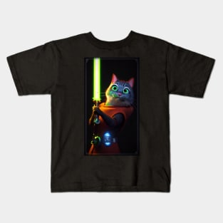 Fun Cat Print ~ AI Art ~ Fantasy Cat ~ Sci-fi Cat ~ Cats with Lightsabers Kids T-Shirt